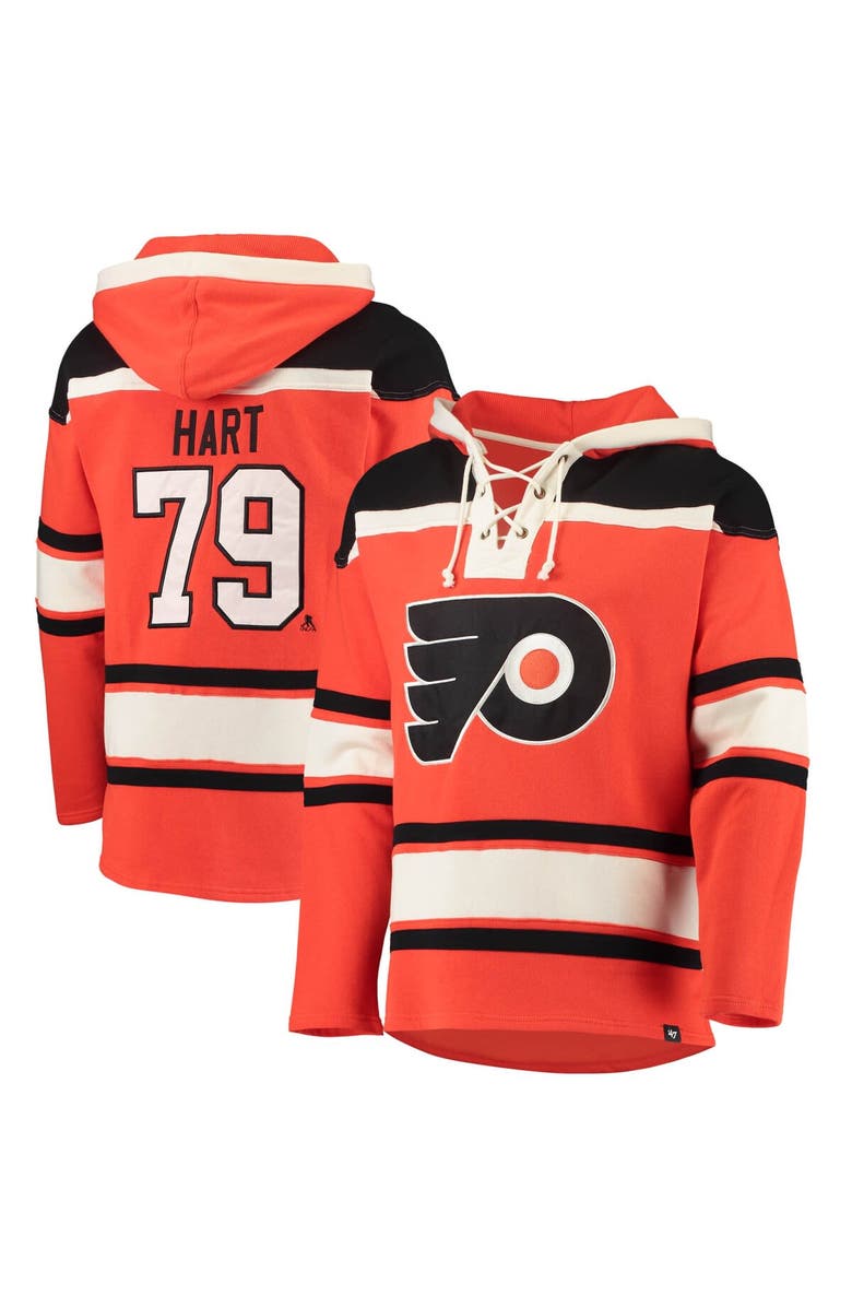 '47 Men's '47 Carter Hart Orange Philadelphia Flyers Player Name & Number Lacer Pullover Hoodie, Main, color,