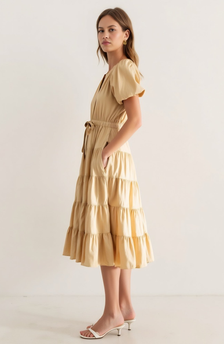 Modenaire Tiered Puff-Sleeve Tie-Waist A-Line Midi Dress, Alternate, color, Beige