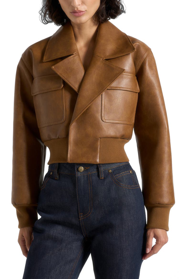 Cosette Vintage Leather Lapel Bomber Jacket, Alternate, color, Brown