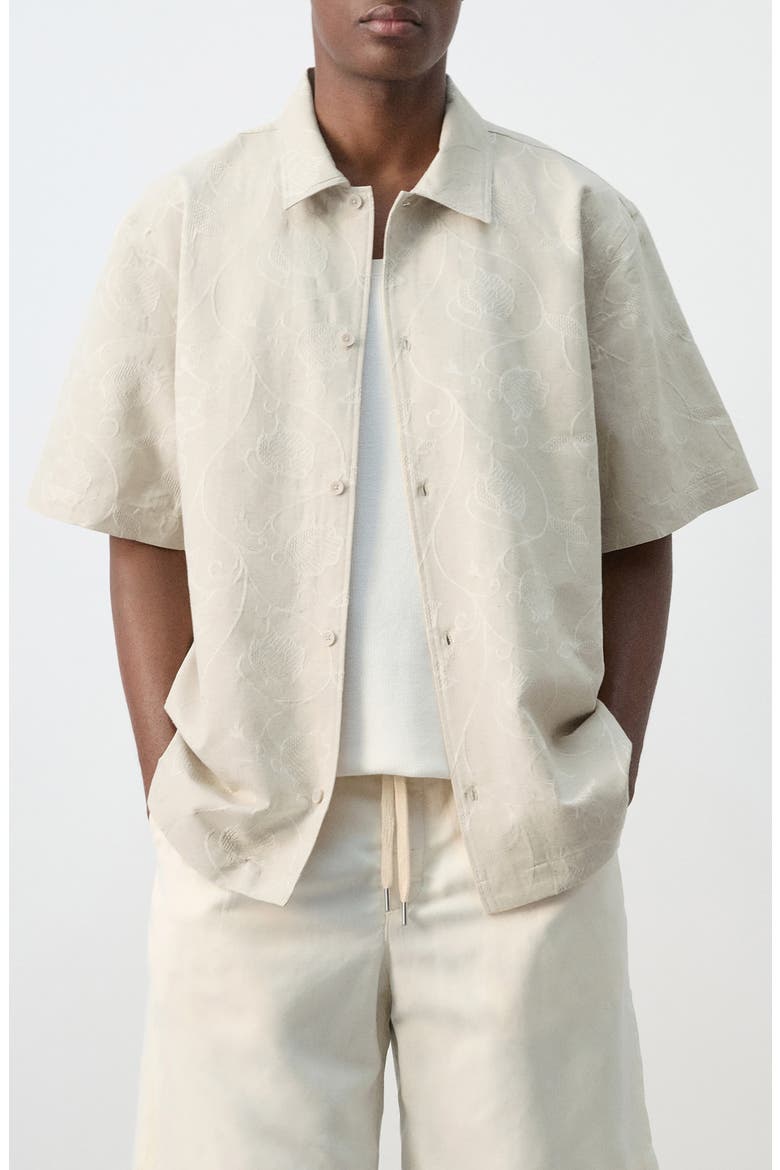 Embroidered Short Sleeve Button-Up Shirt, Main, color, SAND