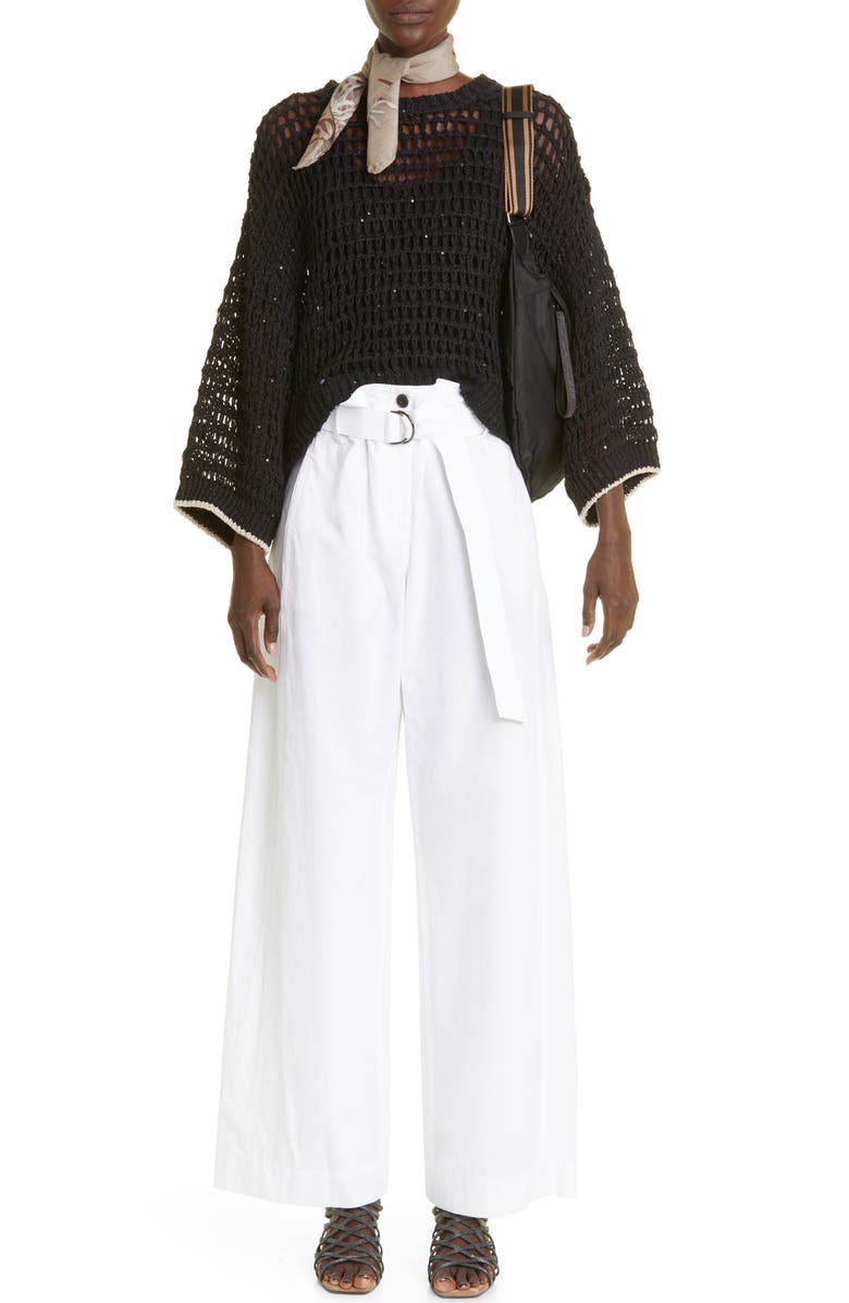 Brunello Cucinelli Sequin Open Knit Linen Blend Sweater, Alternate, color, 