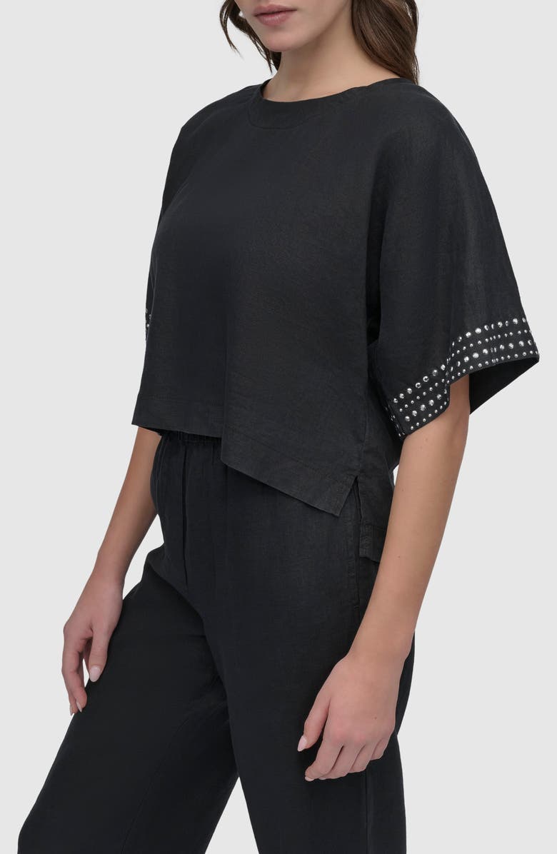 DKNY Studded Boxy Linen Top, Alternate, color, Black