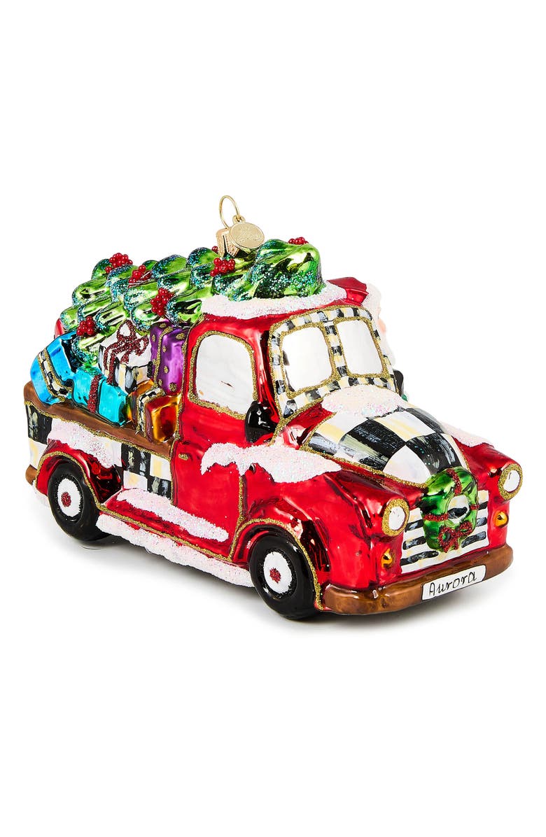 MACKENZIE CHILDS Santa Hitting the Road Glass Ornament, Alternate, color, Red