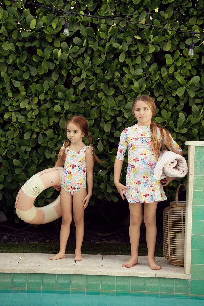 Girls Floral Print Swim Dress - Long Sleeve Raglan, 80% Nylon 20% Spandex, Alternate, color, Floral Print