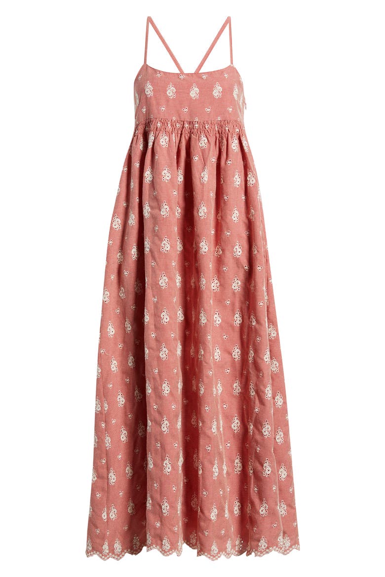 Santa Embroidered Eyelet Sleeveless Maxi Dress, Alternate, color, ROUGE