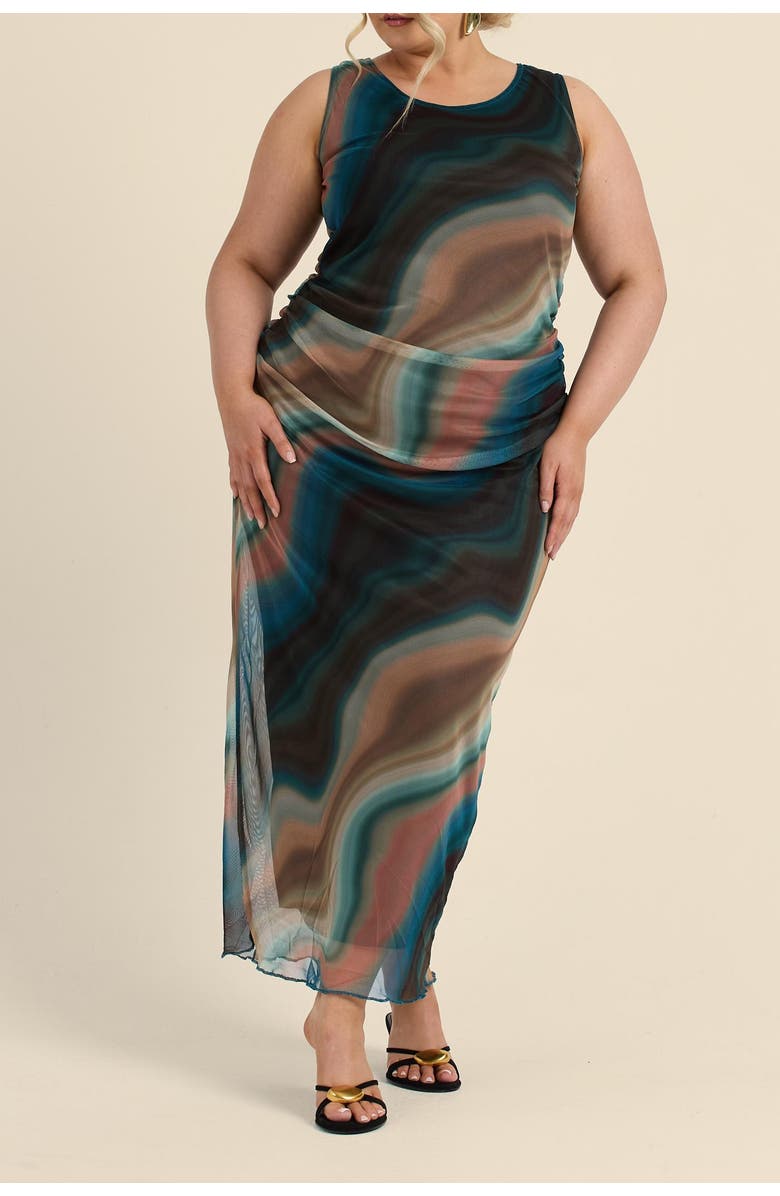 FASHION-SZN CURVE Sleeveless Mesh Swirl Print Midaxi Dress, Alternate, color, Brown