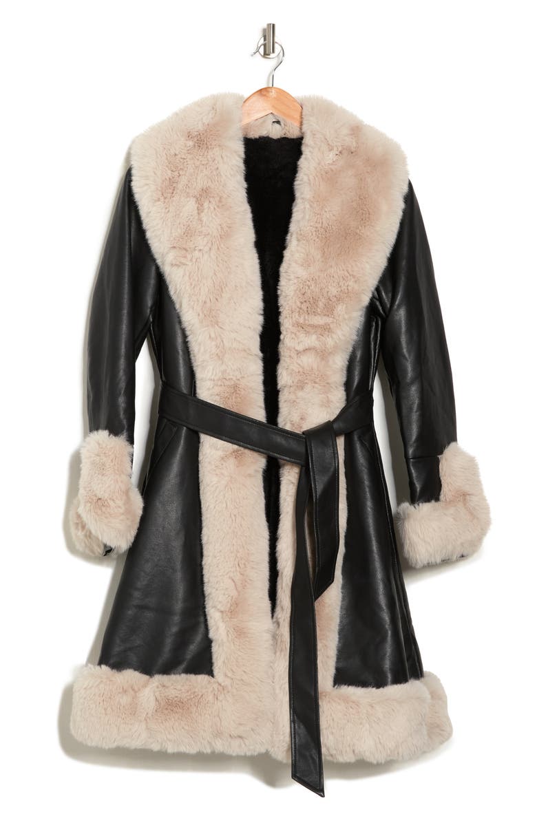 AZALEA WANG Belted Faux Leather Faux Fur Trim Coat, Alternate, color, 