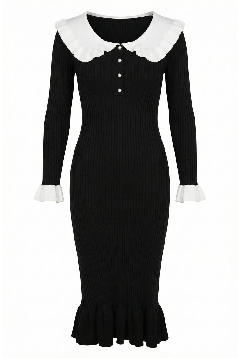 Ribbed Knit Ruffled Collar Midi Dress, Alternate, color, Black