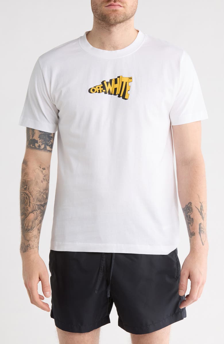 Off-White Slim Fit Cartoon Arrow Logo Cotton Graphic T-Shirt, Main, color, White And Yellow