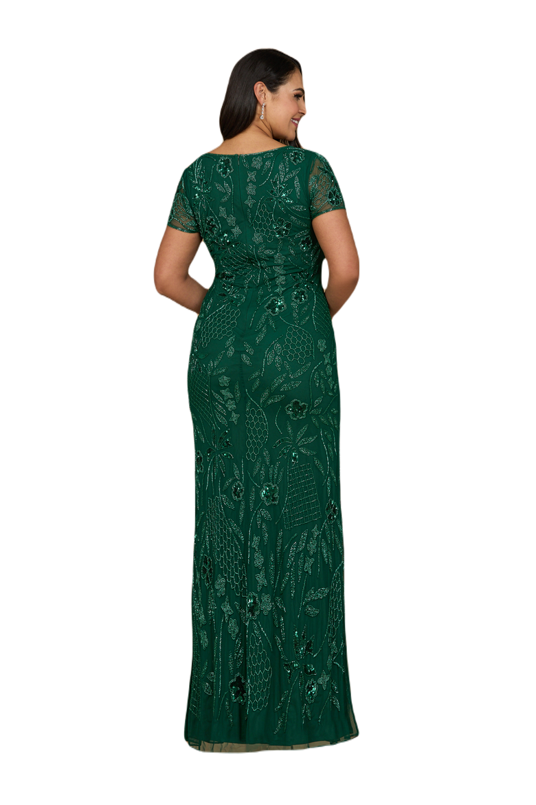 V-Neck, Short Sleeve Beaded Gown, Alternate, color, Dark Green
