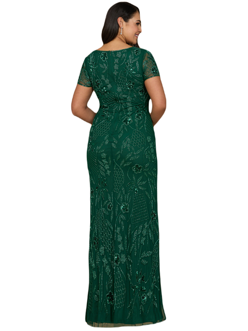 Lara New York V-neck, Short Sleeve Beaded Gown In Dark Green