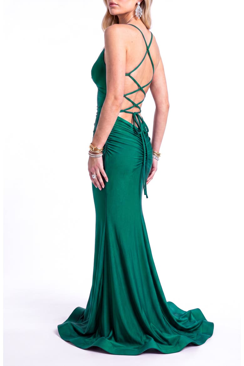 Ruched Lace-Up Open Back Mermaid Gown, Alternate, color, Forest Green