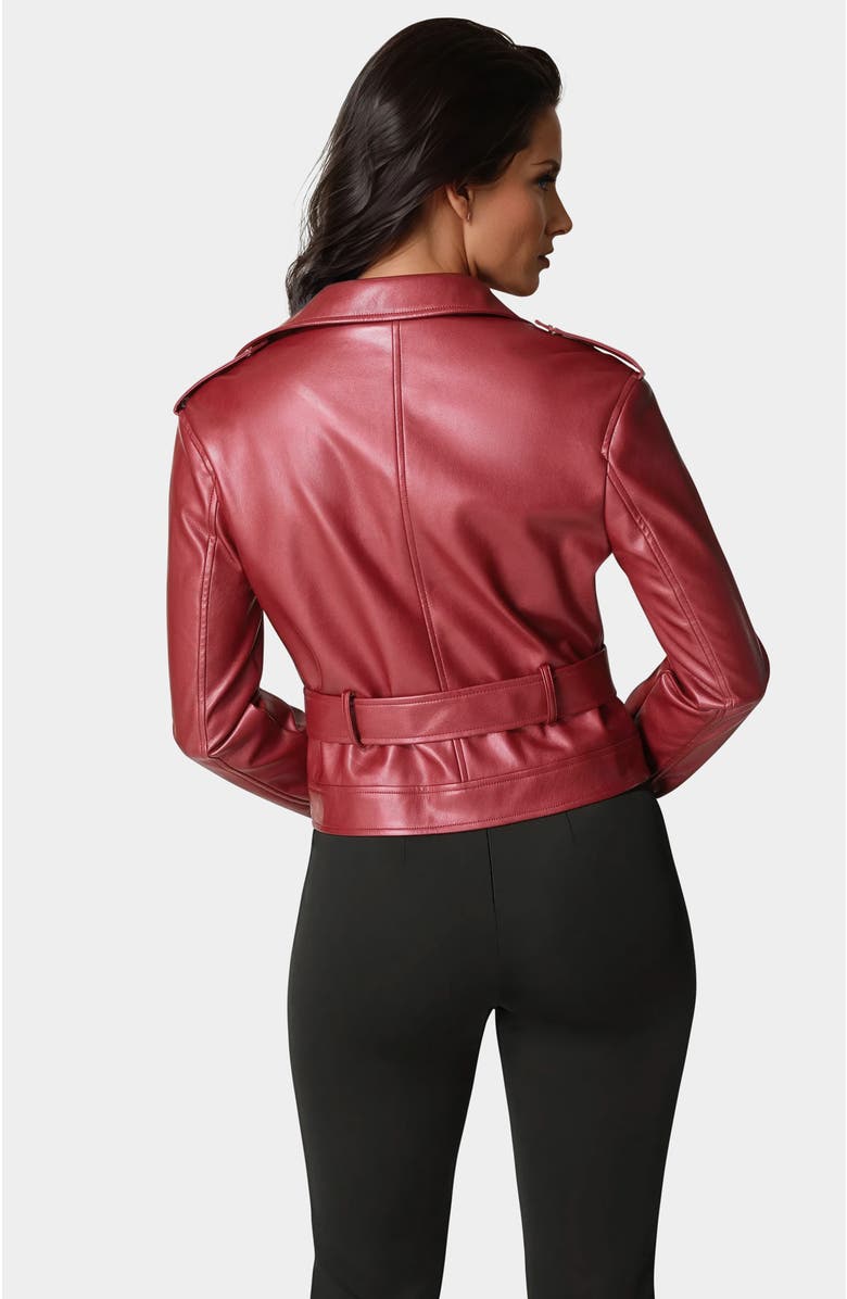 bebe Metallic Vegan Leather Moto Jacket, Alternate, color, Red Dahila