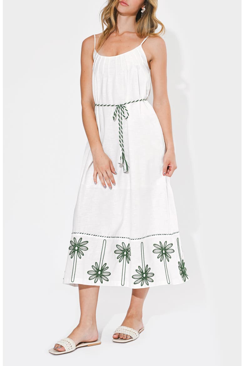 Sophia Palm Tree Embroidered Belted Maxi Dress, Alternate, color, WHITE/ GREEN