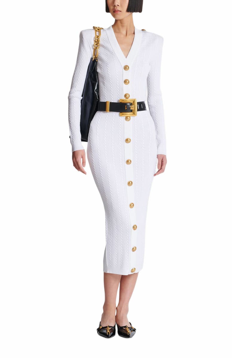 Balmain Cable-Knit Midi Skirt, Alternate, color, White