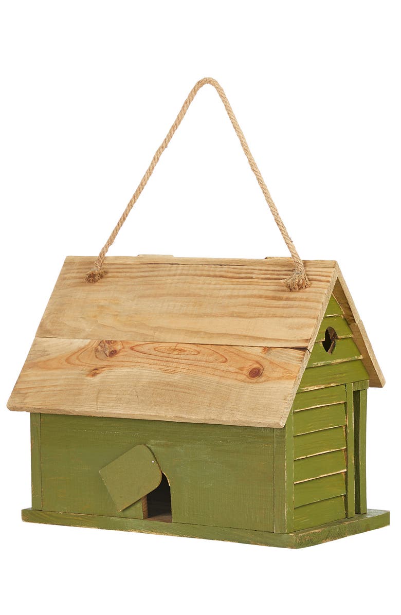 Glitzhome 14.25"L Oversized Distressed Solid Wood Cottage Birdhouse with Natural Wood Roof, Alternate, color, Green