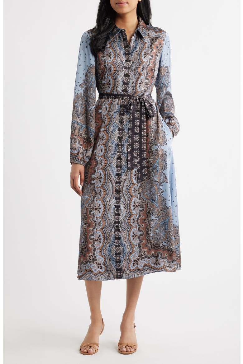 Mixed Paisley Long Sleeve Midi Shirtdress, Main, color, BLUE MULTI