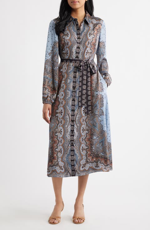 Mixed Paisley Long Sleeve Midi Shirtdress