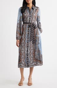 Julia Jordan Mixed Paisley Long Sleeve Midi Shirtdress