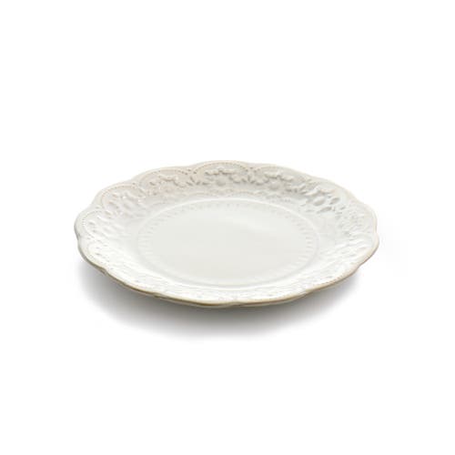 Elama Countess 16 Piece Embossed Double Bowl Stoneware Dinnerware Set In White