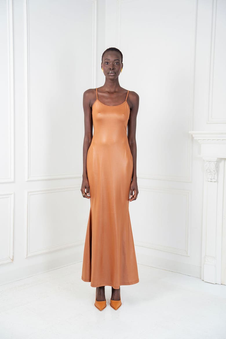 Collin Armless Mermaid Dress, Alternate, color, Brown