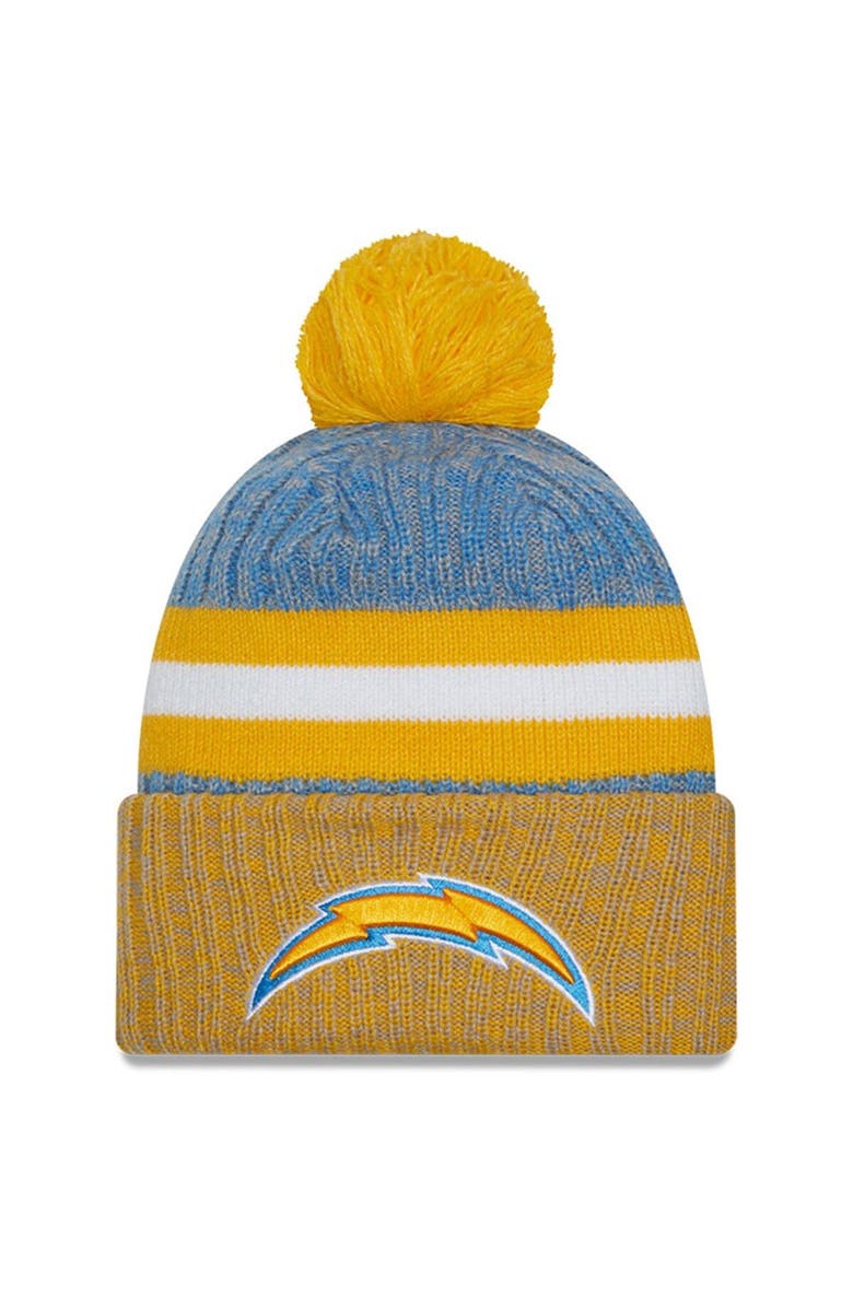 New Era Men's New Era Powder Blue/Gold Los Angeles Chargers 2023 Sideline Sport Cuffed Pom Knit Hat, Main, color, Blue
