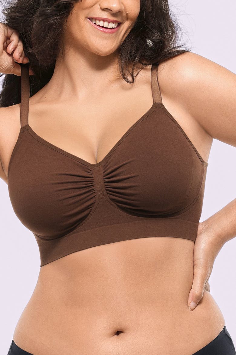 Wireless Seamless Comfy Non Padded V Neck Bra, Alternate, color, Brown