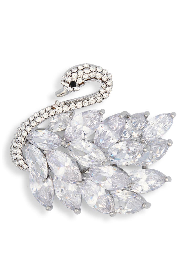 Sasha Cubic Zirconia Swan Brooch, Main, color, SILVER