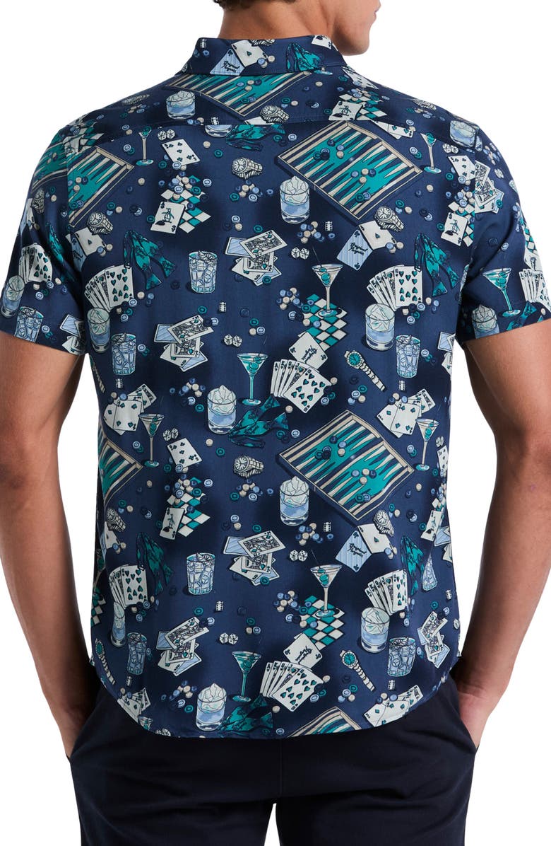 Original Penguin Poker Table Print Short Sleeve Button-Up Shirt, Alternate, color, Sargasso Sea