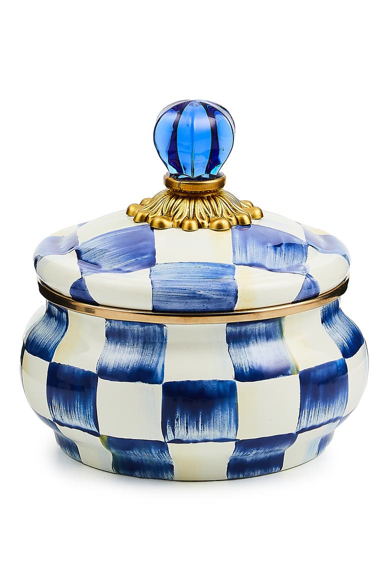 Royal Check Enameled Steel Squashed Pot, Main, color, BLUE/ WHITE
