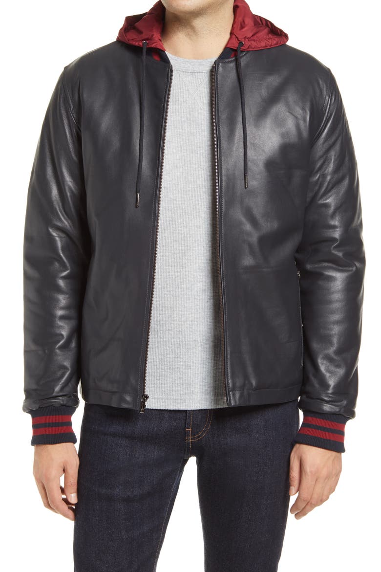 Hooded Leather Jacket, Main, color, BLACK