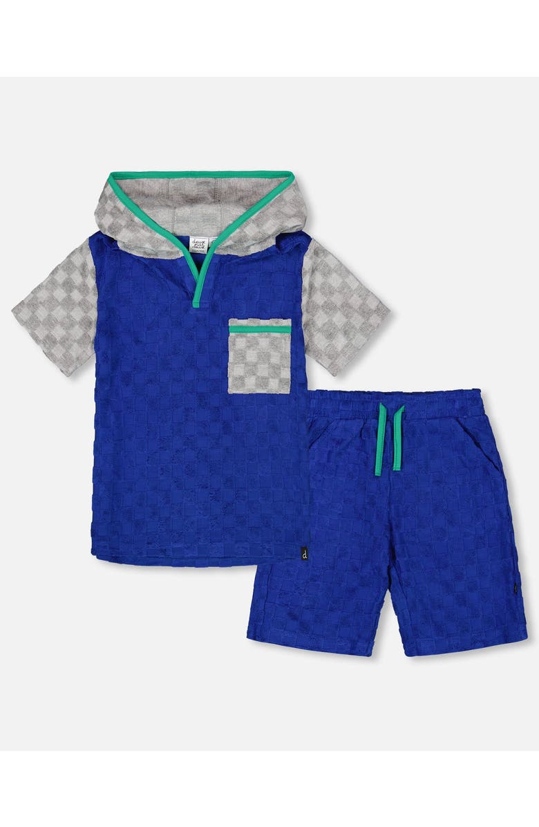 Deux par Deux Little Boy's Printed Hooded Terry Top And Shorts Set Blue And Gray, Main, color, 