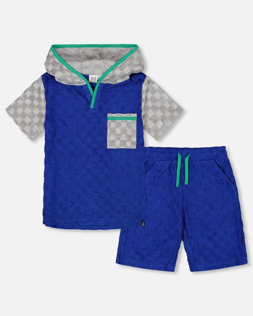 Deux Par Deux Little Boy's Printed Hooded Terry Top And Shorts Set Blue And Gray In Blue And Gray