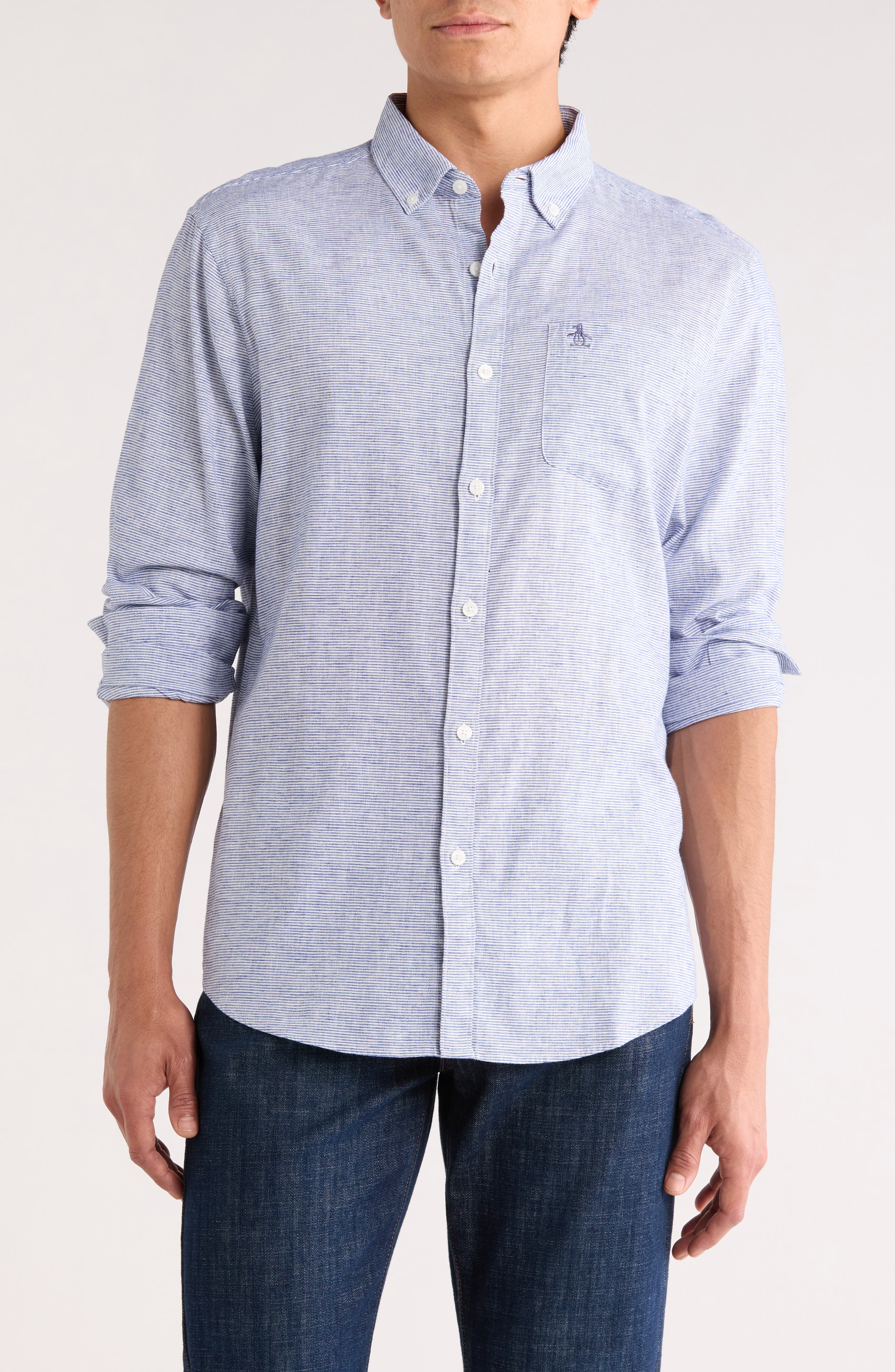 Original Penguin Stripe Stretch Linen & Cotton Button-Down Shirt