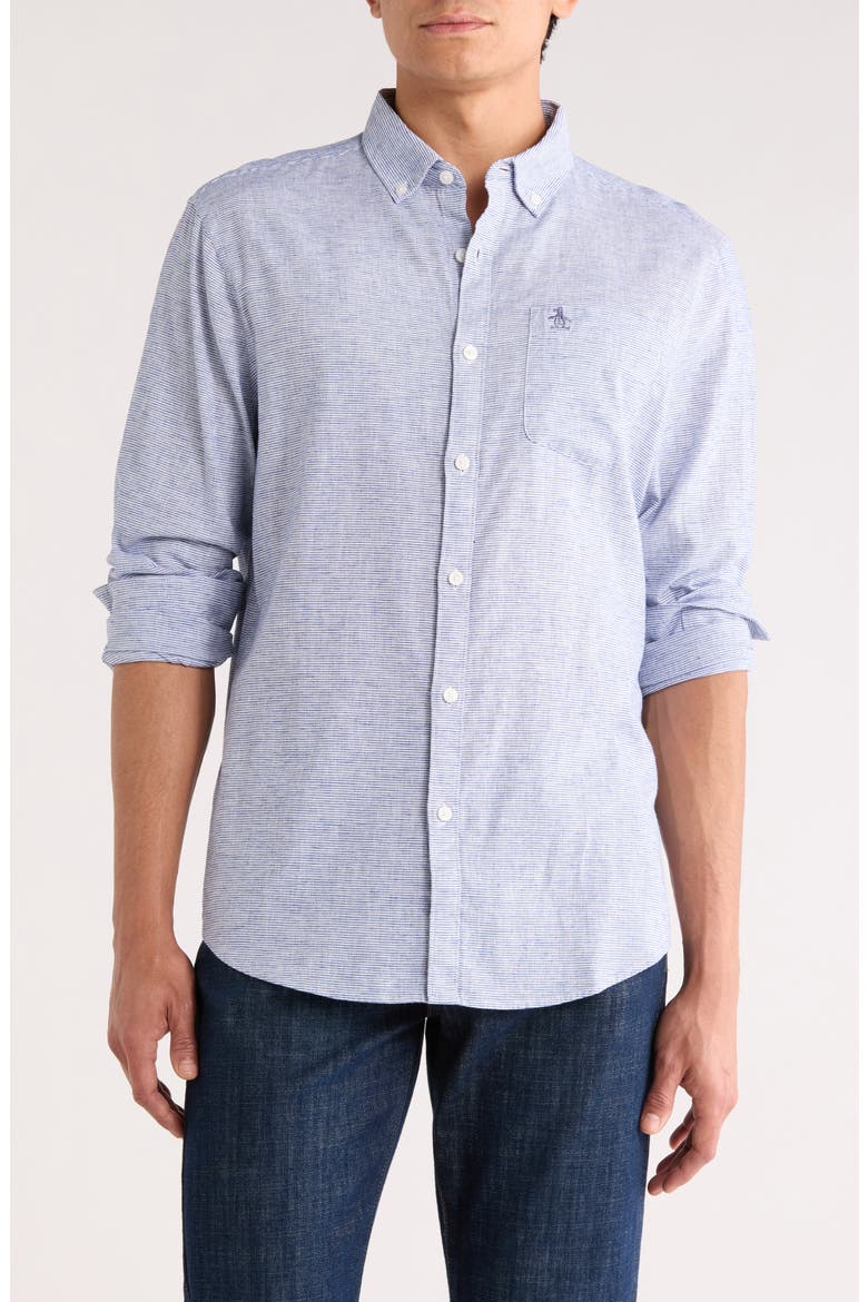 Stripe Stretch Linen & Cotton Button-Down Shirt, Main, color, MAZARINE BLUE