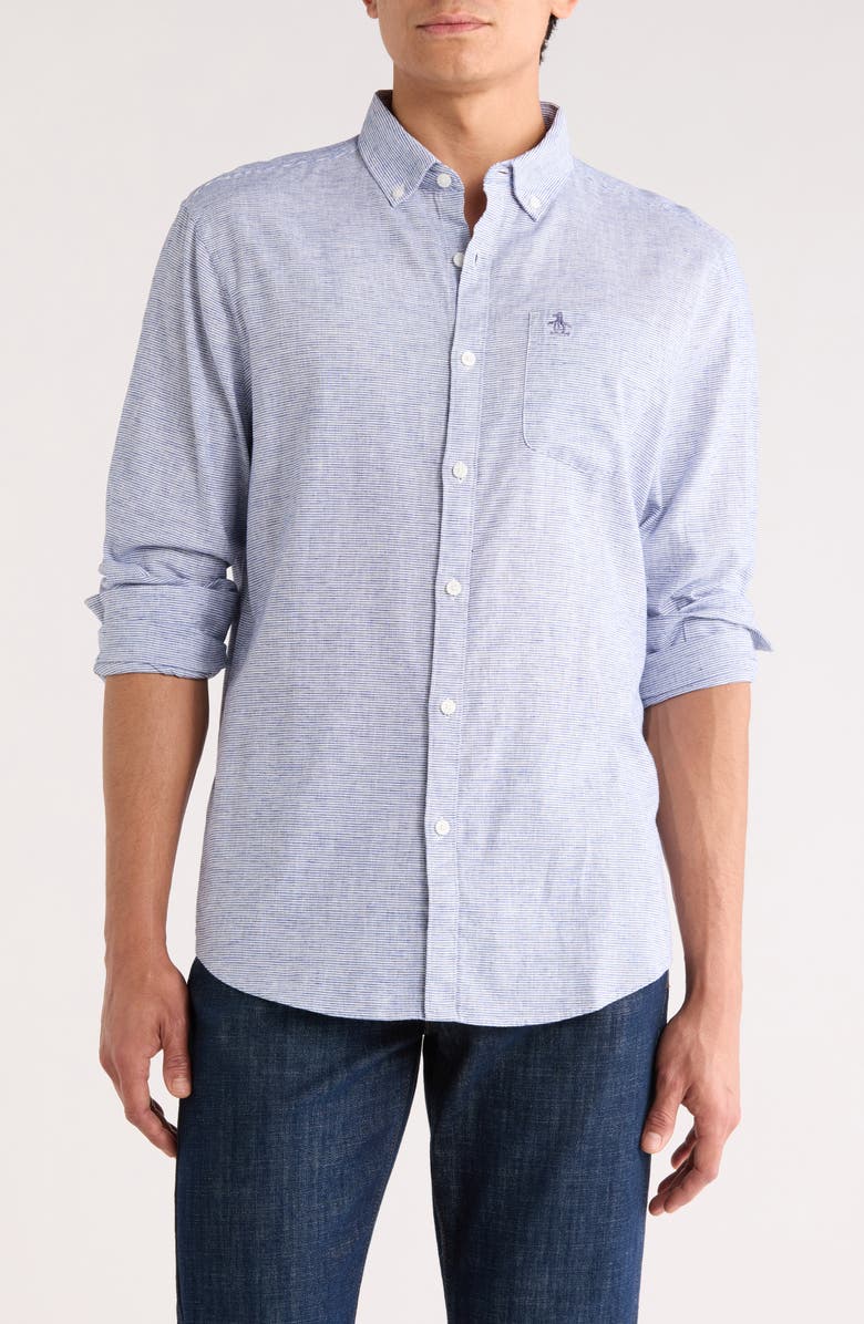 Original Penguin Stripe Stretch Linen & Cotton Button-Down Shirt, Main, color, Mazarine Blue