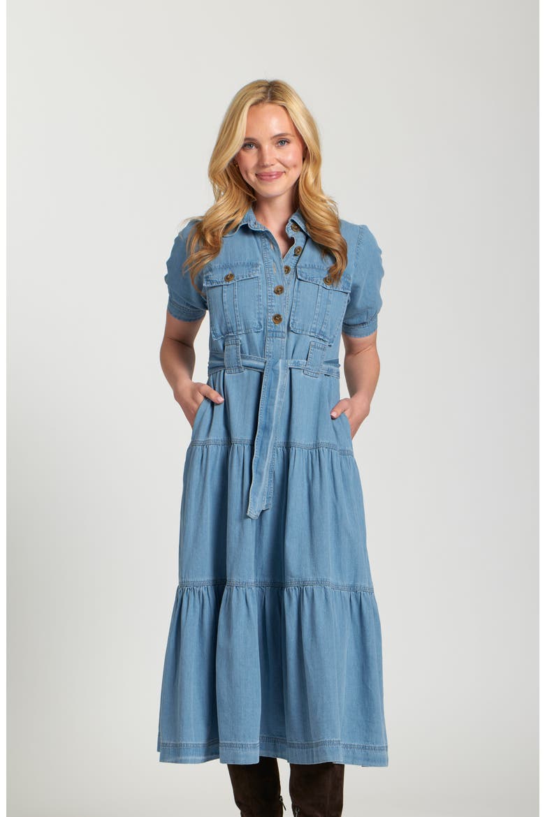 Tie Waist Tiered Midi Dress, Alternate, color, LIGHT INDIGO