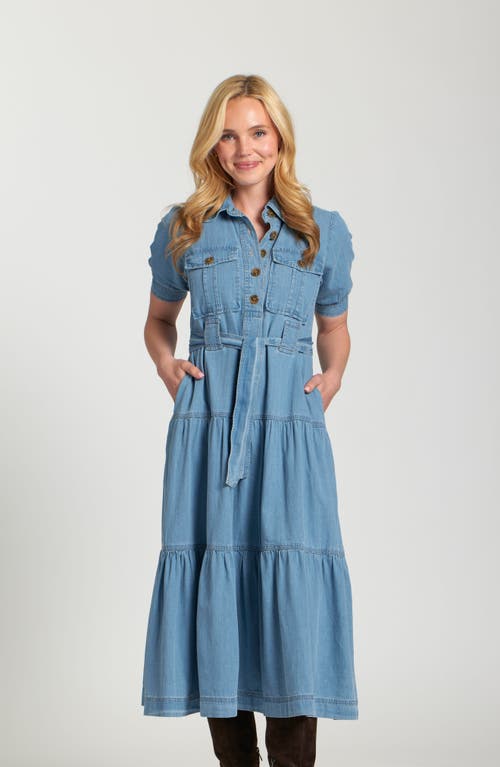 Apny Tie Waist Tiered Midi Dress In Blue
