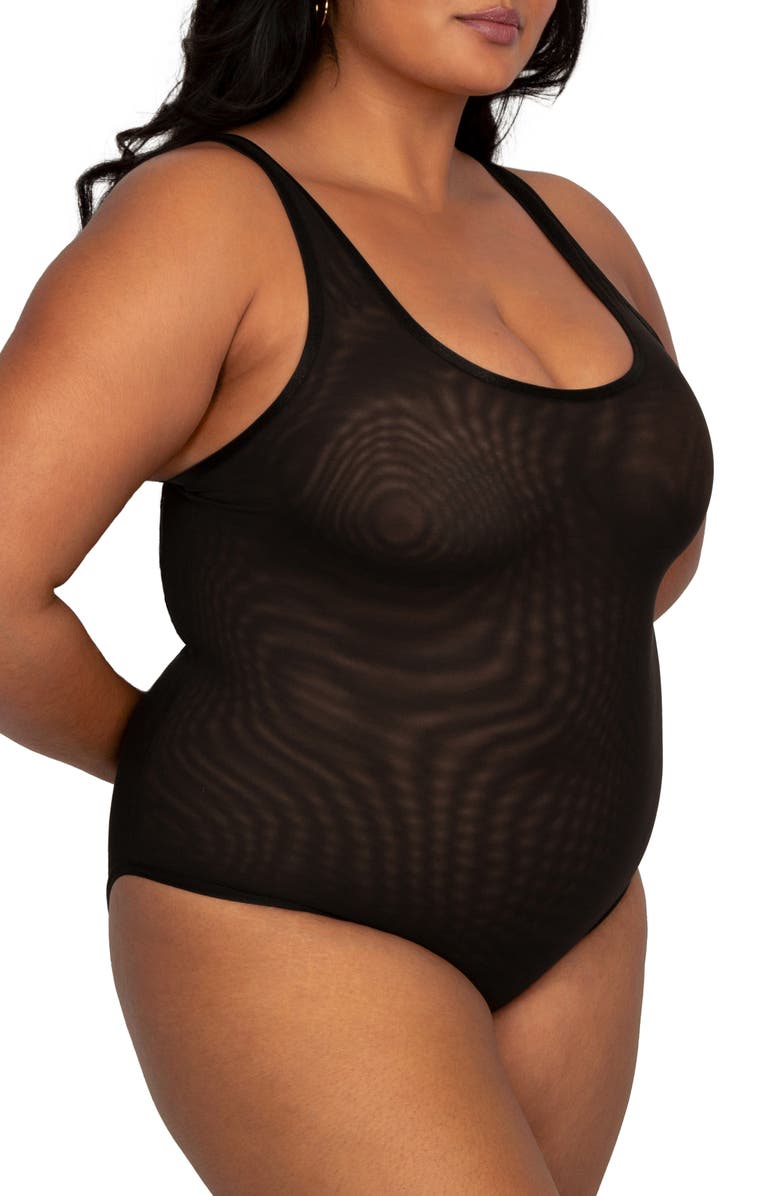 Curvy Couture Sheer Mesh Bodysuit, Alternate, color, Black Hue