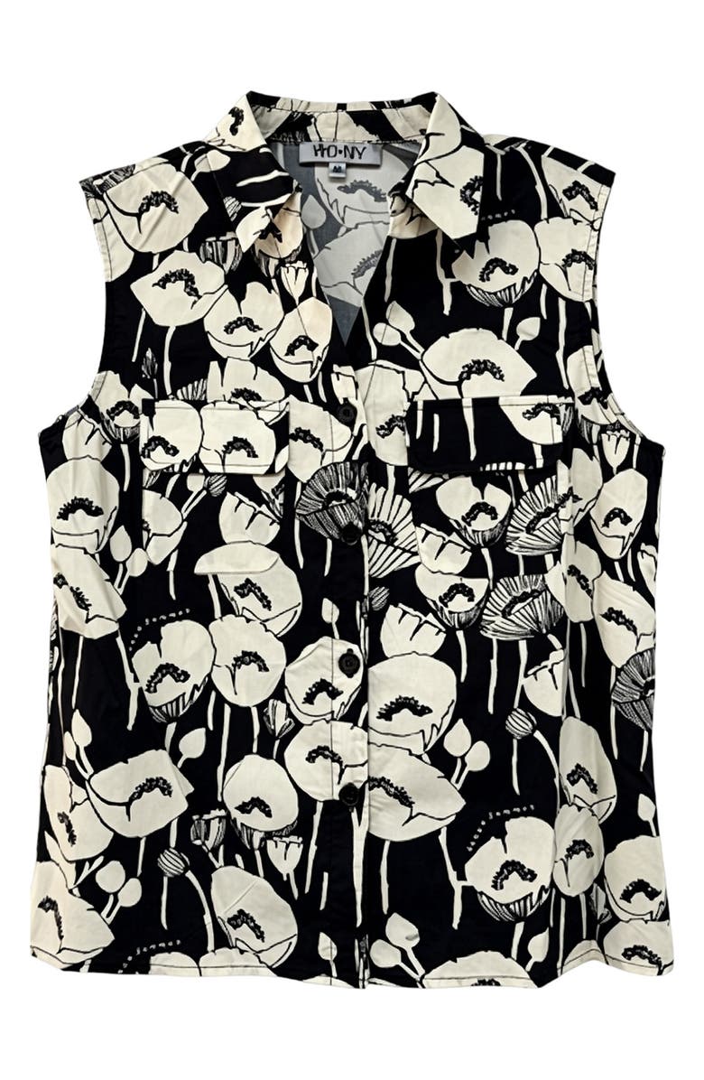WDNY Floral Sleeveless Button-Up Shirt, Main, color, Black/ White Floral Print