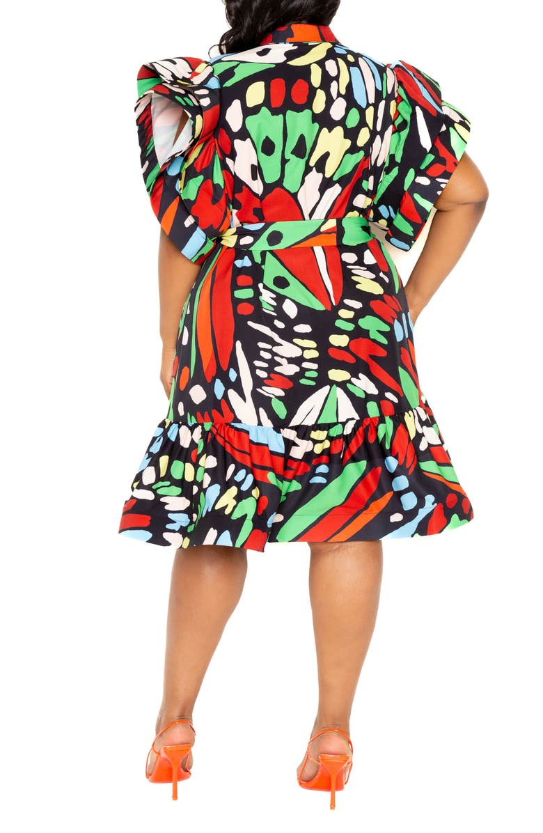 BUXOM COUTURE Butterfly Print Ruffle Tie Waist Dress, Alternate, color, 