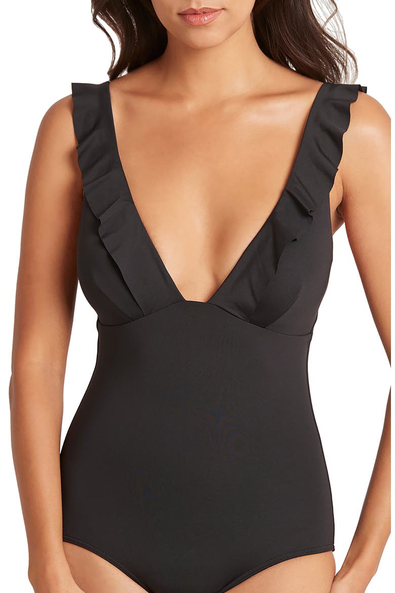 Frill One-Piece Swimsuit, Alternate, color, BLACK