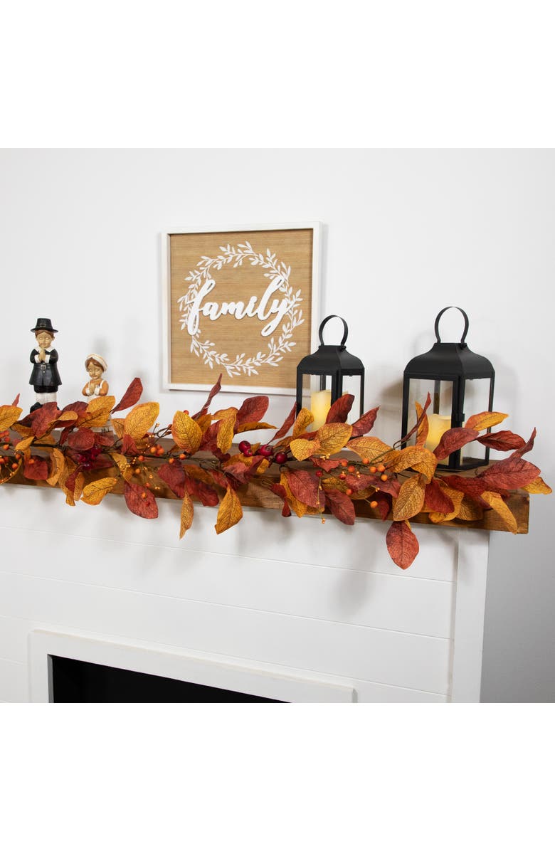 Northlight Autumn Magnolia Leaves and Mixed Berries Artificial Fall Harvest Garland - 5' x 8", Alternate, color, Red