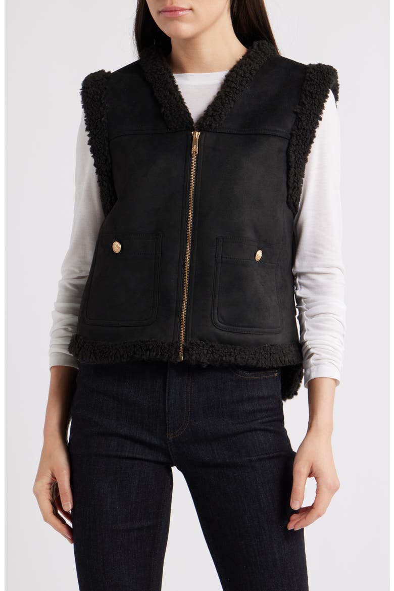 Faux Suede & Faux Shearling Vest, Main, color, BLACK/ BLACK
