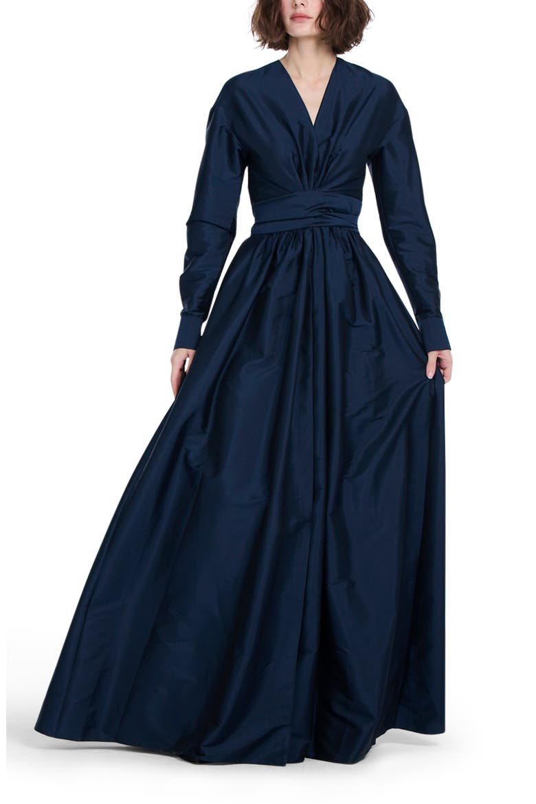 Surplice Long Sleeve Taffeta Gown, Main, color, NAVY
