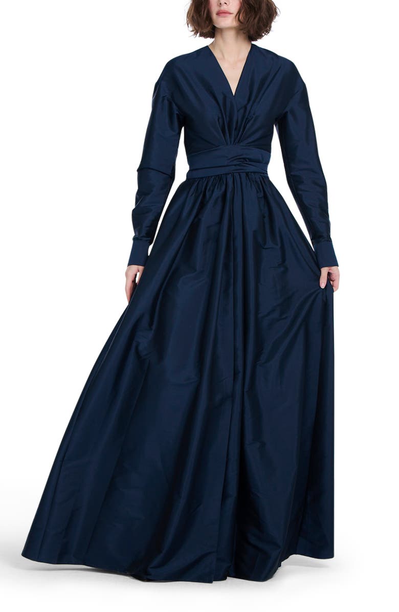 EMILY SHALANT Surplice Long Sleeve Taffeta Gown, Main, color, Navy