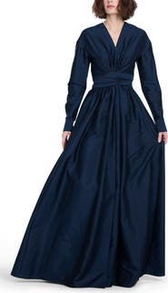 EMILY SHALANT Surplice Long Sleeve Taffeta Gown