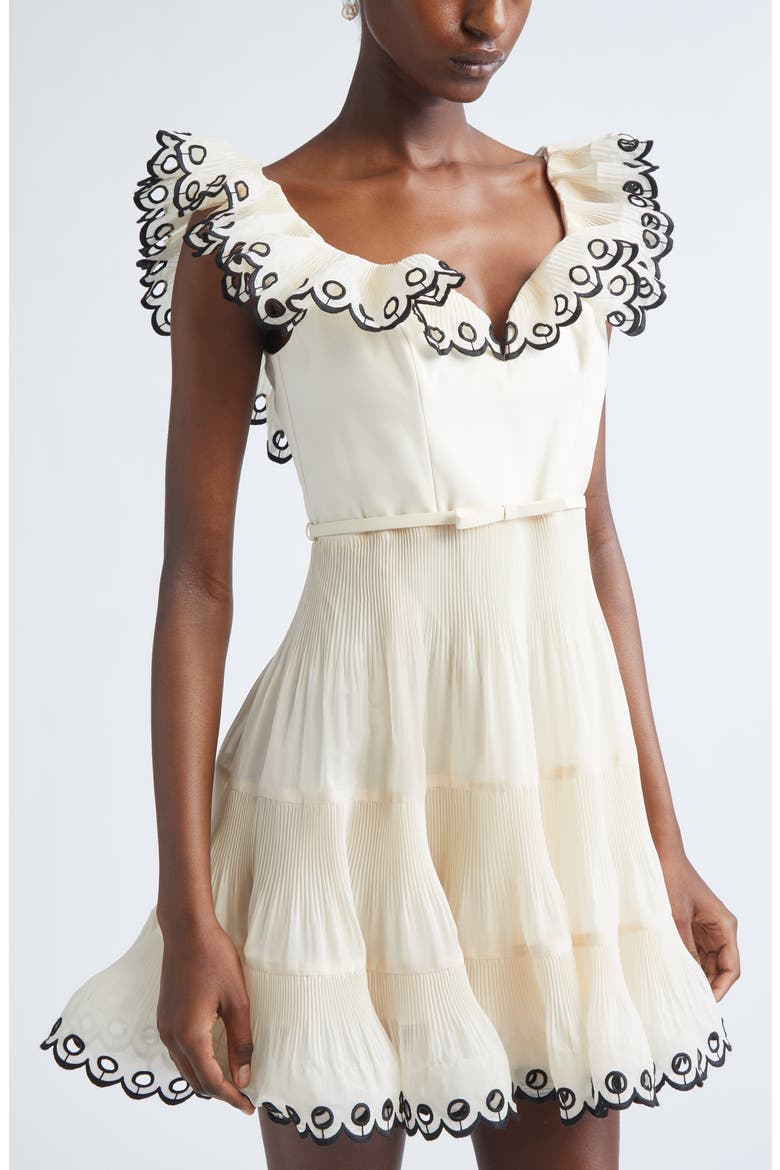 Scalloped Eyelet Trim Belted Minidress, Alternate, color, CREAM
