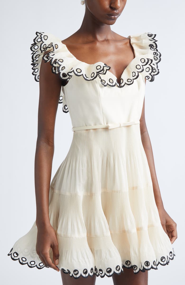 Zimmermann Scalloped Eyelet Trim Belted Minidress, Alternate, color, Cream