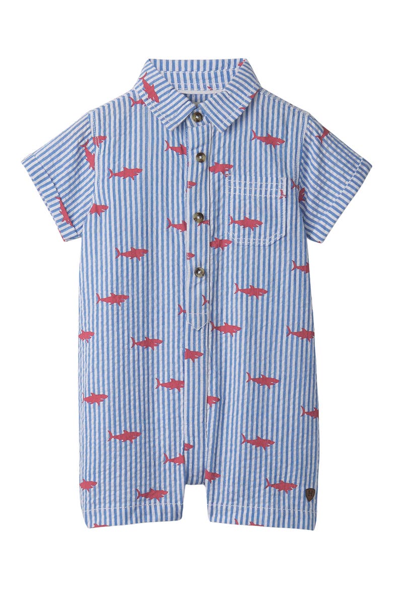 Shark Silhouette Stripe Seersucker Romper (Baby, Main, color, CAMPANULA
